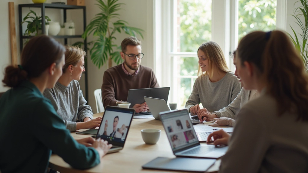 Профессиональная фотография команды на видеоконференции с улыбающимися сотрудниками