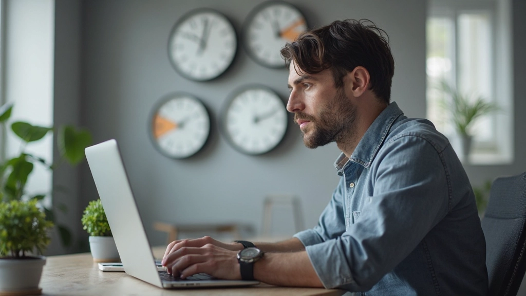 Профессиональная фотография человека, работающего за компьютером в разных часовых поясах